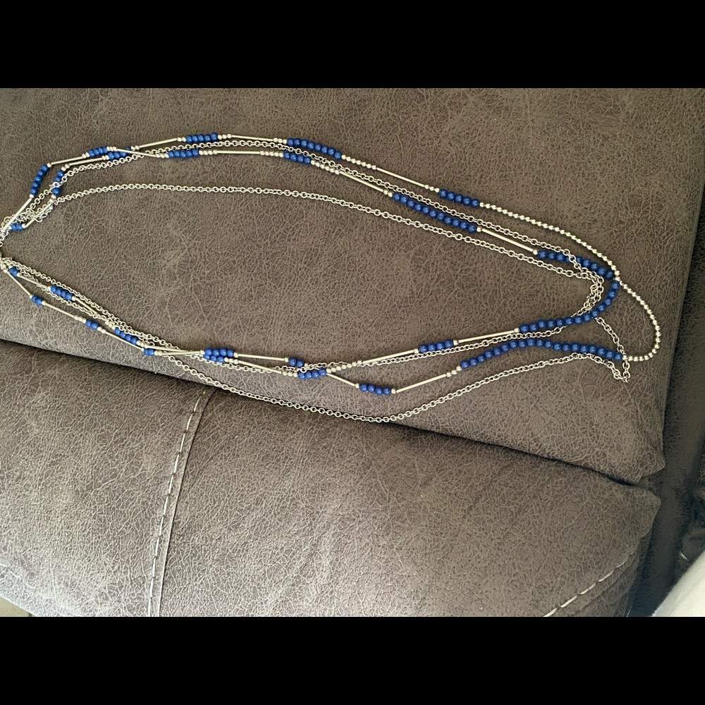 Long silver and blue bead necklace